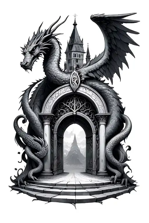 never ending story themed. AURYN amulet, dragon shadow, Ivory Tower, and one angel gate.  tattoo design idea