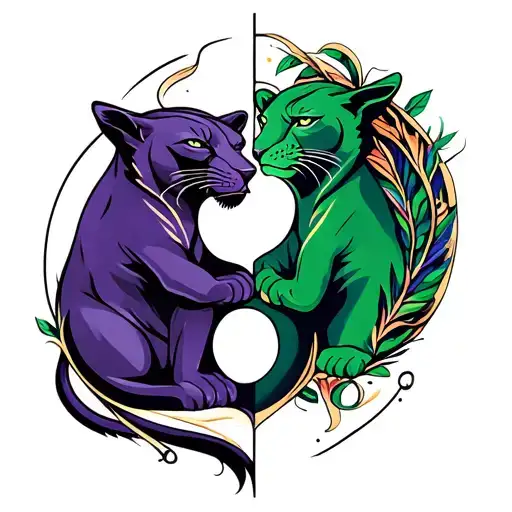2 opposing yet complimenting “his and hers” couple tattoos, the yin panther is purple and yang panther is green tattoo design idea