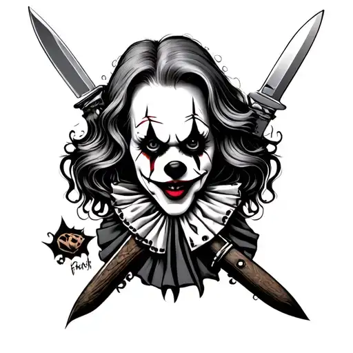 killer clowns doll with knives themed tattoo tattoo design idea