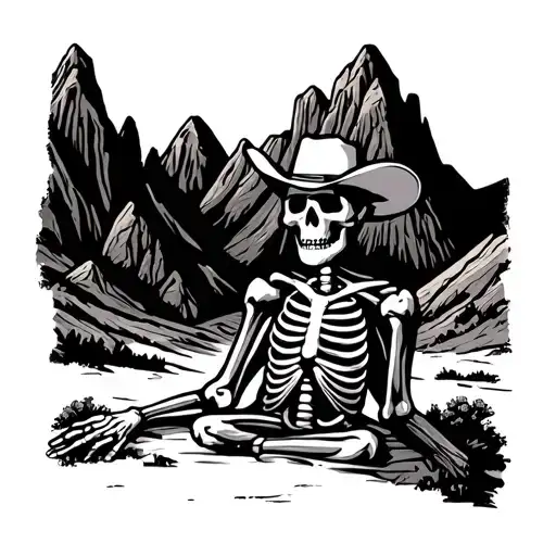 superstition mountains with a cowboy skeleton  tattoo design idea