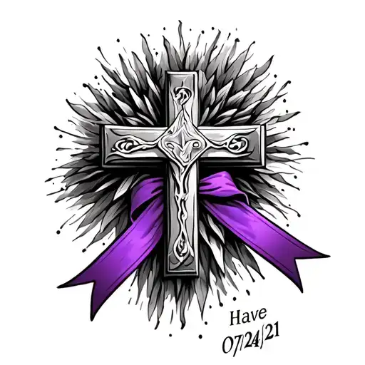 A cross with a purple ribbon tide on the bottom and have the day 07/24/21 on the side of the cross tattoo design idea