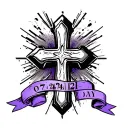 A cross with a purple ribbon tide on the bottom and have the day 07/24/21 on the side of the cross tattoo design idea