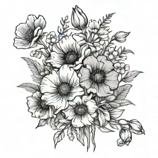 minimalist bouquet include poppies, larkspur, cosmos and narcissus tattoo design idea