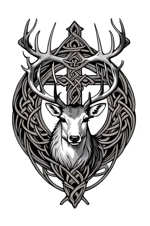 celtic deer with cross surrounded tattoo design idea
