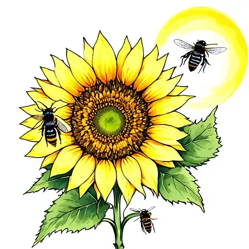 sunflower in style of botanical illustration, 3 honeybees and a sun pouring light down onto flower tattoo design idea
