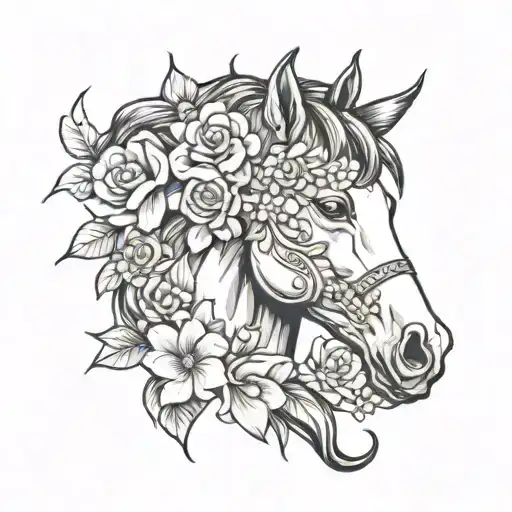 neotraditional horse head with flowers tattoo design idea