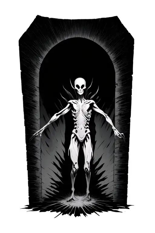 semi-humanoid emerging from a portal radiating darkness tattoo design idea
