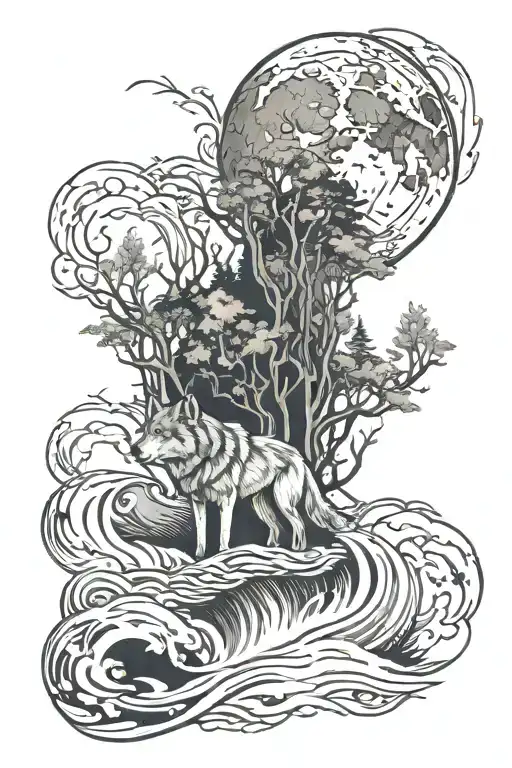 Water, Moon, Forest and wolf tattoo design idea