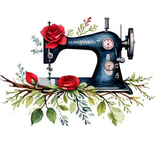 Silhouette of a sewing machine made of branches and plants, with a red rose instead of the thread spool. From the rose,  tattoo design idea
