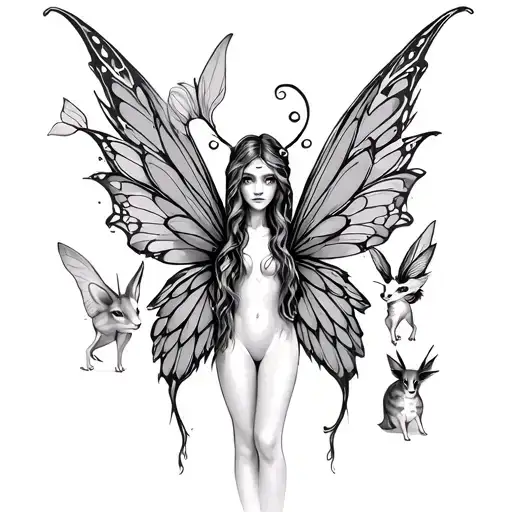 fairy wings sketch style design featuring various animals tattoo design idea