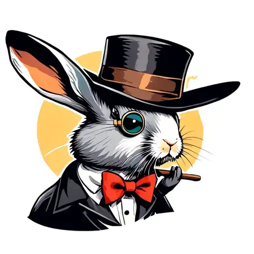 a rabit coming out of a magicians hat holding a wand wearing a monocle and bowtie tattoo design idea