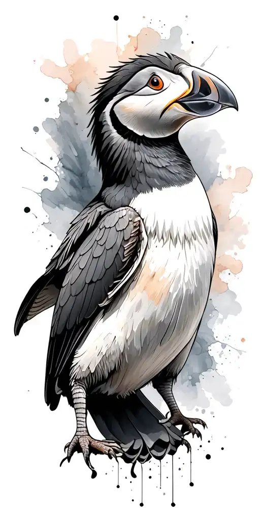 basilisk long going around the arm sleeve realist puffin with watercolor bacground tattoo design idea