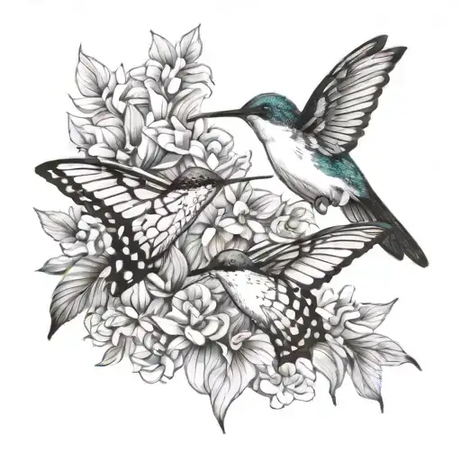 I want a small, linear tattoo of two butterflies and a hummingbird tattoo design idea
