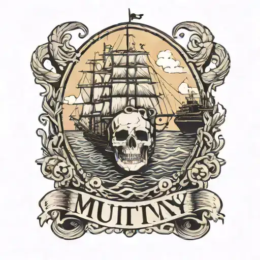 Container ship with a crane behind and a skull and anchor with the text Mutiny tattoo design idea
