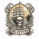 Container ship with a crane behind and a skull and anchor with the text Mutiny tattoo design idea