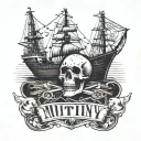 Container ship with a crane behind and a skull and anchor with the text Mutiny tattoo design idea