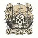 Container ship with a crane behind and a skull and anchor with the text Mutiny tattoo design idea