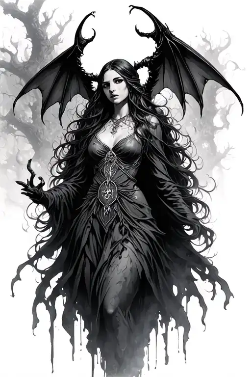 The Warden — she is non-human, succubus, solemn figure that emerges from the fog to watch over memories, loss. tattoo design idea