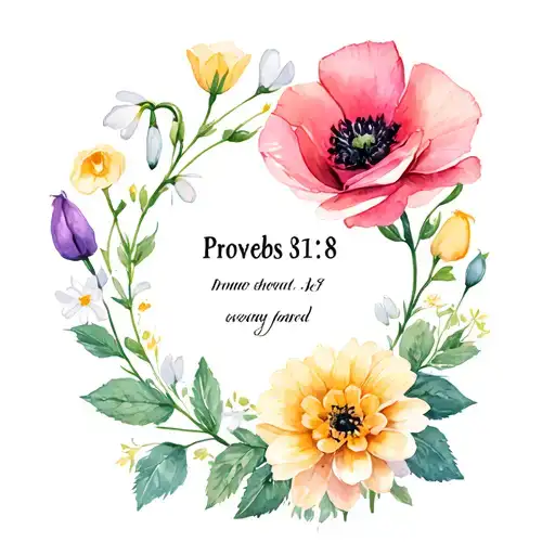 "Proverbs 31:8" poppy flower, snowdrop flower, sweetpea flower, rose flower, cosmos flower, chrysanthemum flower, tattoo design idea