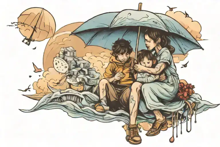 woman holdin umbrella with child under a falling sky tattoo design idea