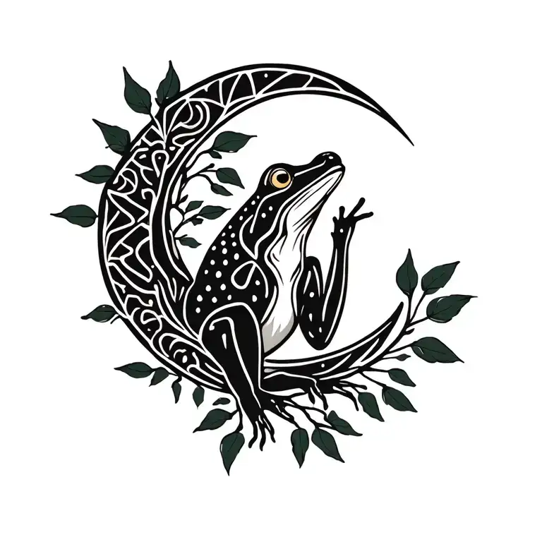 Kambo frog, ayahuasca branch with leaves, waning crescent moon tattoo design idea