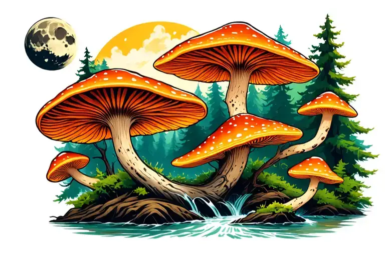 Flying fungus in the forest with river moon tattoo design idea