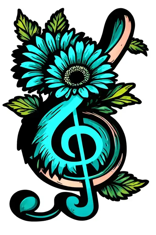 colorful treble clef with teal gerbera daisy tattoo design idea