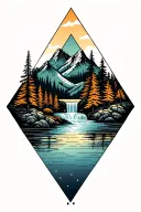Mountains, Trees, rivers, and water falls with triangles tattoo design idea