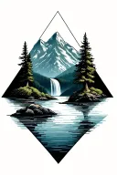 Mountains, Trees, rivers, and water falls with triangles tattoo design idea