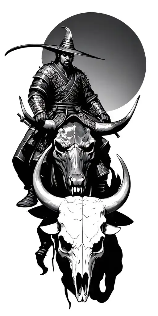 japanese samurai riding fighting a demon bull skull tattoo design idea
