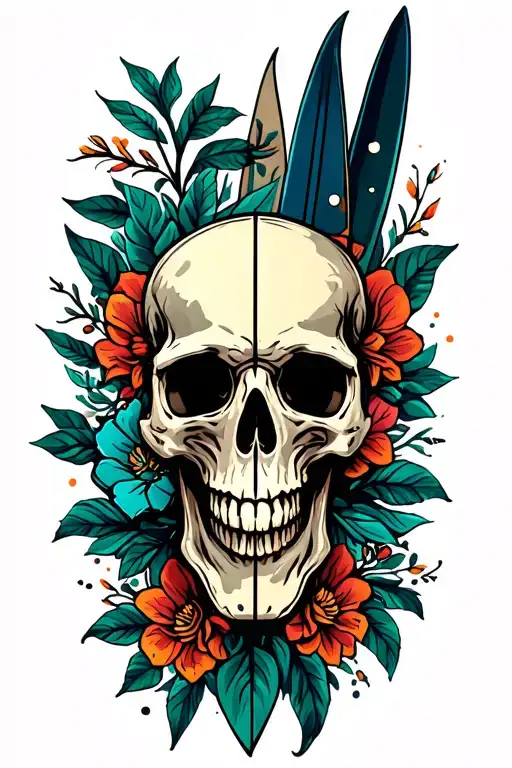 skull and surfboard  tattoo design idea