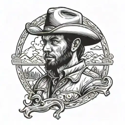 western cowboy, dark portrait, filthy, blue collar america tattoo design idea