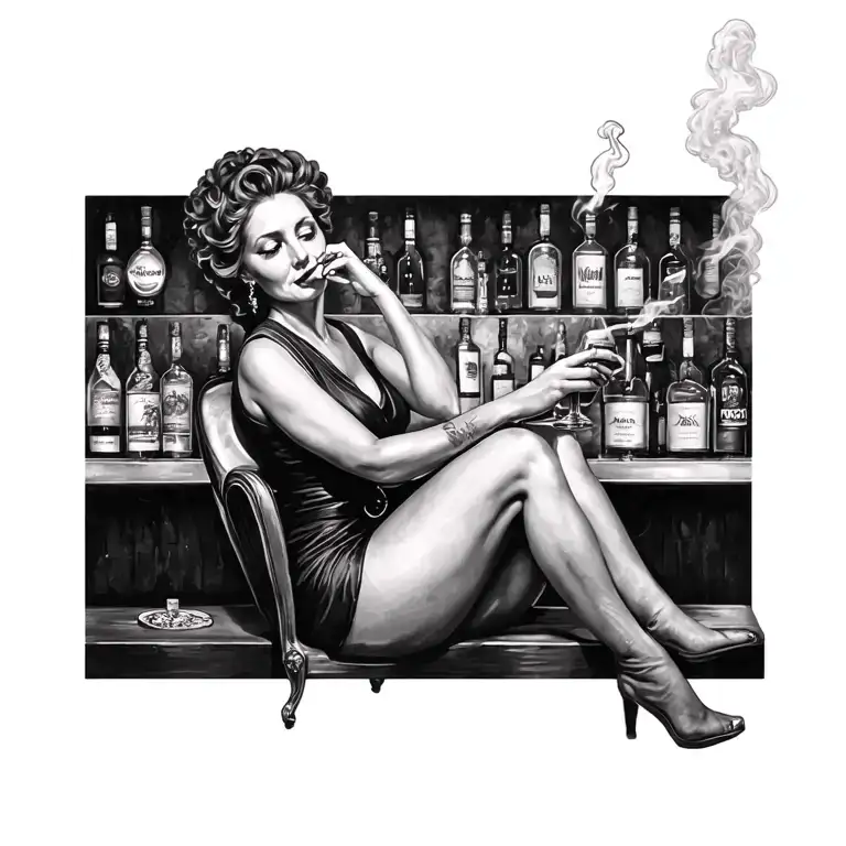 old bar woman sitting alcohol smokes tattoo design idea