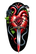 Dagger piercing through a realistic bleeding heart ensnared by two black roses with thorns and a black mamba rising tattoo design idea