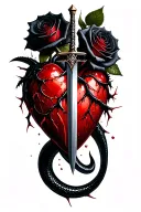 Dagger piercing through a realistic bleeding heart ensnared by two black roses with thorns and a black mamba rising tattoo design idea