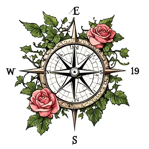 tree and compass and ivy and rose tattoo design idea