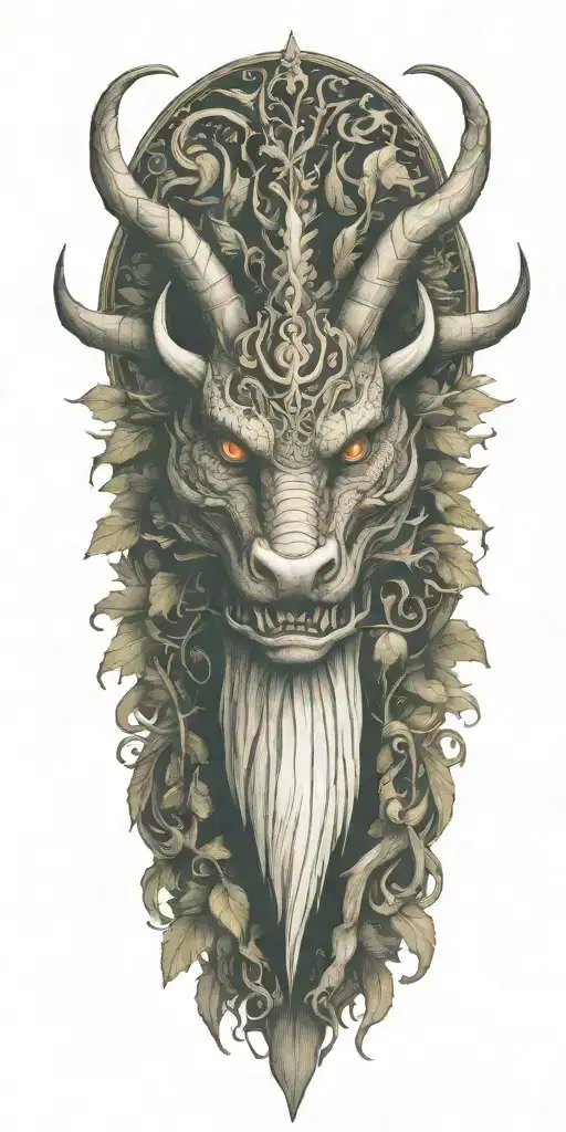wood dragon, wise, kind and intelligent intertwined with forest elements tattoo design idea