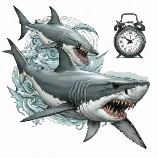 great white shark chasing hammer head shark around clock tattoo design idea