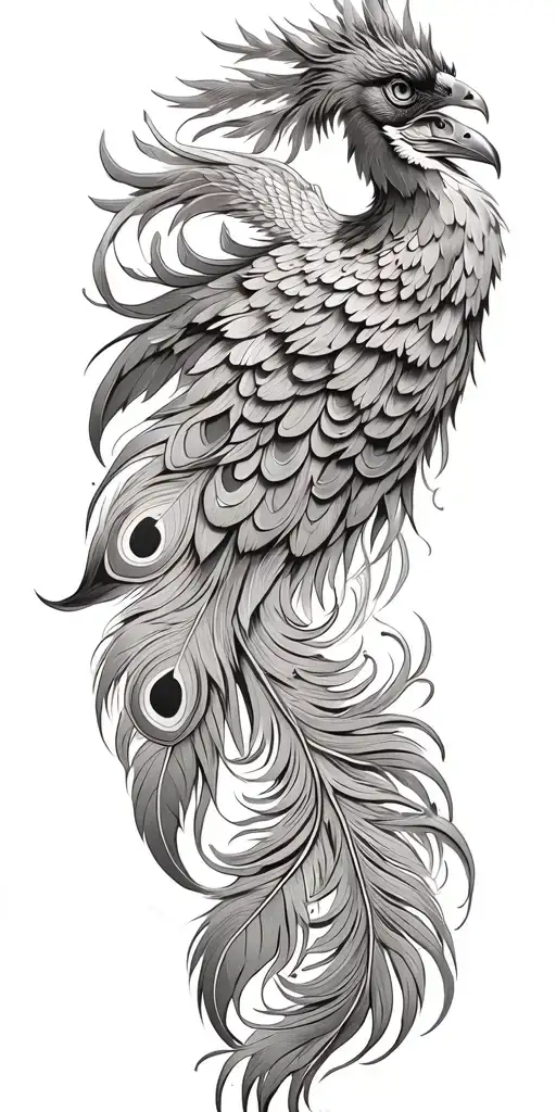 Phoenix head, phoenix wings spread peacock feather tail tattoo design idea