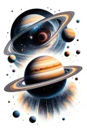 space theme, planets, quasars, black hole eating star tattoo design idea