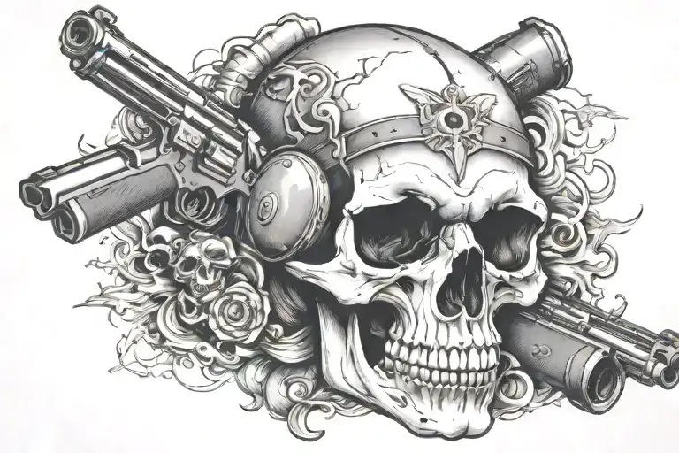 skull with +619314 on its forehead above eyebrow area "from darkness to light" heaps of guns and smoke and gangstr stuff tattoo design idea