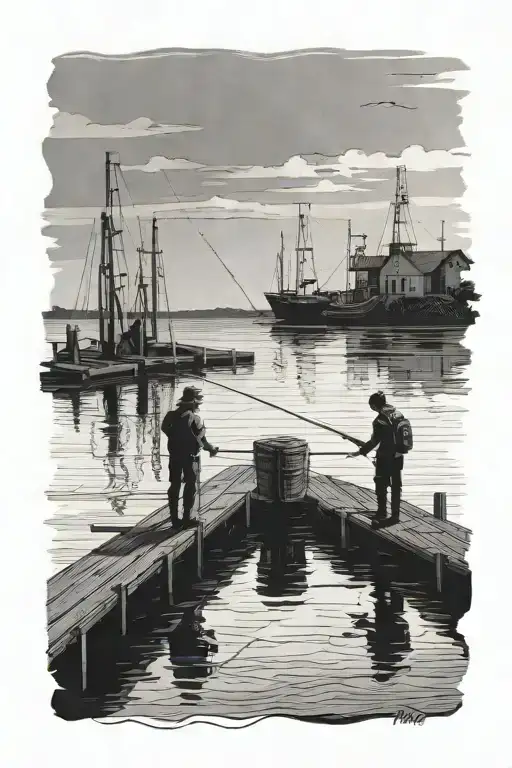 two shadow sihlouettes on fishing dock, water scenery in background tattoo design idea