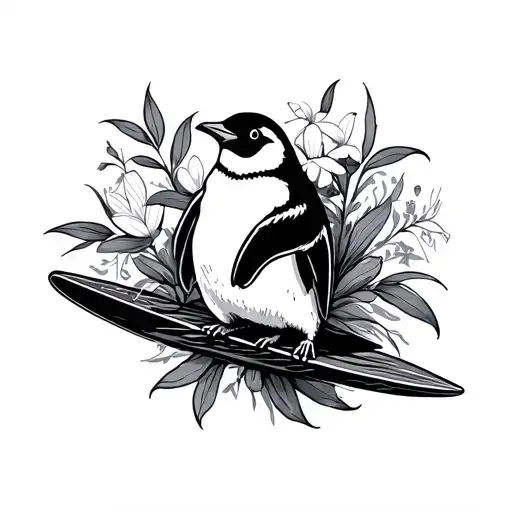 monochrome Penguin surfing while being surrounded by kangaroo paw flower, minimalistic but detailed, masculine tattoo design idea