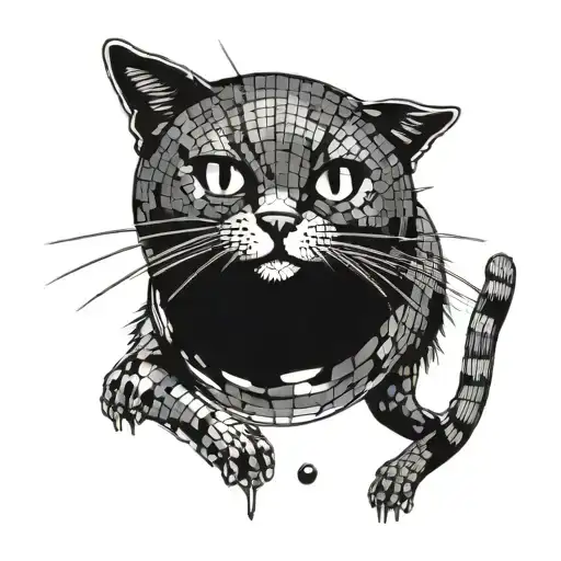 disco ball hanging with cat sitting below patting it tattoo design idea