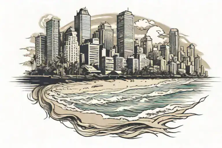 beach with city skyline in the background tattoo design idea