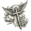Cross With Angel Wings,clouds In The Background, With Rays Of Light tattoo design idea