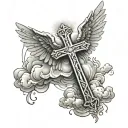 Cross With Angel Wings,clouds In The Background, With Rays Of Light tattoo design idea