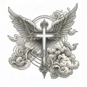 Cross With Angel Wings,clouds In The Background, With Rays Of Light tattoo design idea