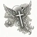 Cross With Angel Wings,clouds In The Background, With Rays Of Light tattoo design idea