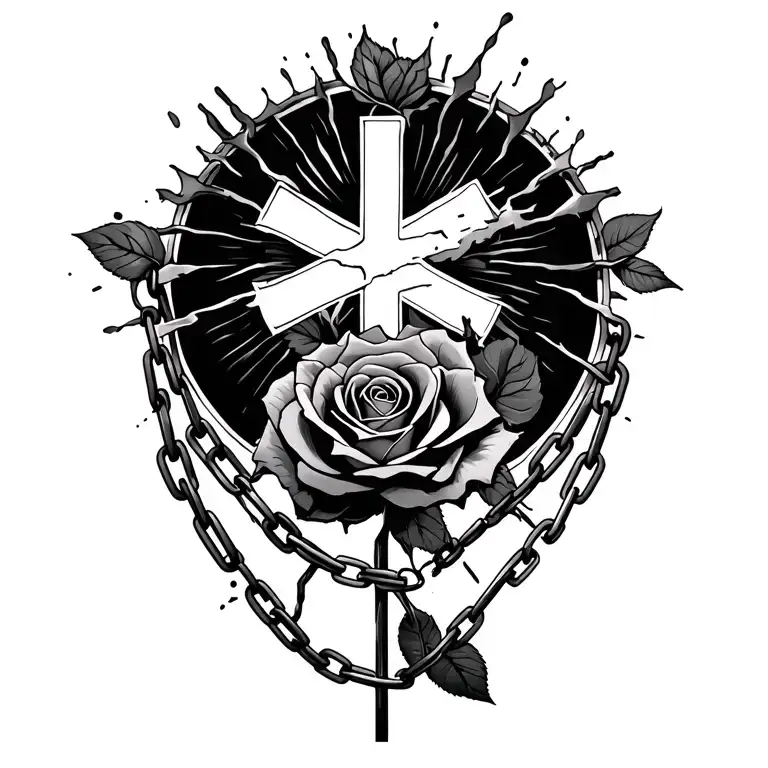cross over roses sun shining and broken chains breaking and bursting tattoo design idea